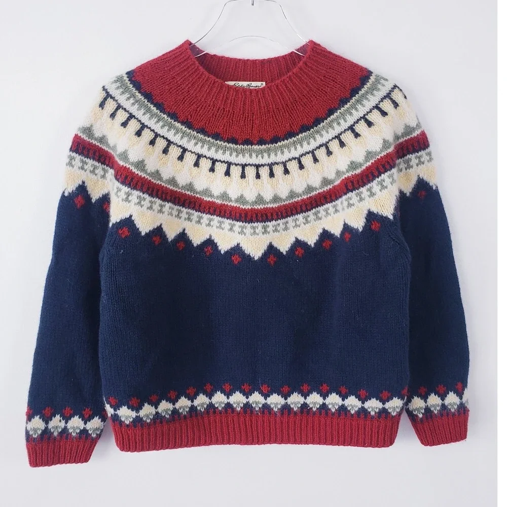 Eddie Bauer Fair Isle Wool Sweater Navy Blue Red Crewneck Womens Petite Medium - Picture 1 of 5